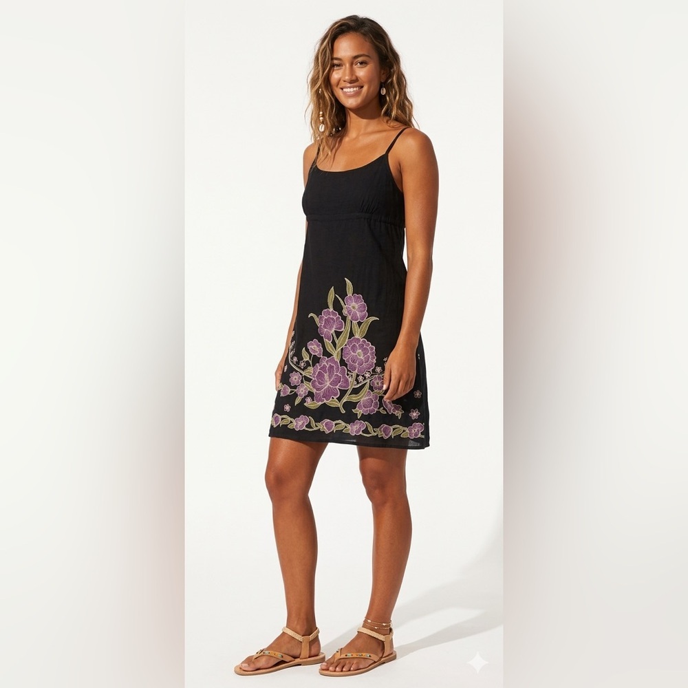 REITMAN’S Black Summer lined Cotton Dress w Purple & Green Floral Print Size 15